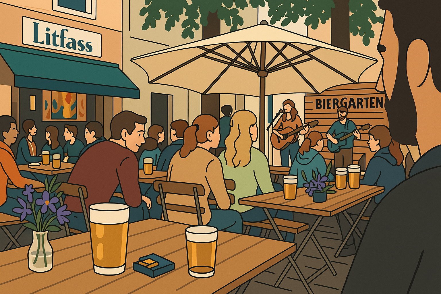 Eine Illustration vom Biergarten der Kneipe Litfass mit einer Bühne und feiernden Gästen. –